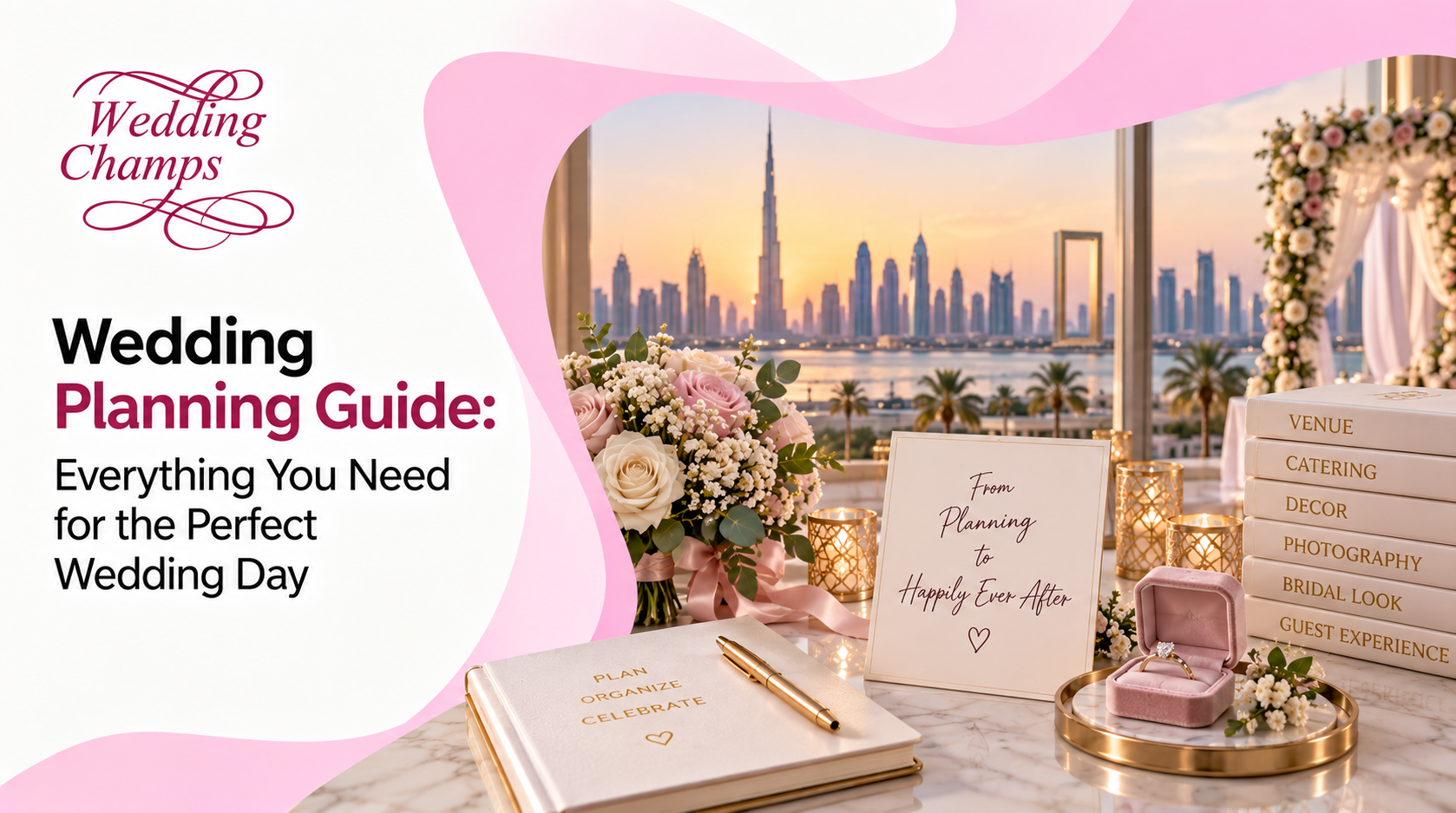Wedding planning guide banner with a bridal bouquet, planning journal, ring box and stacked books labelled Venue, Catering and Decor before the Dubai skyline