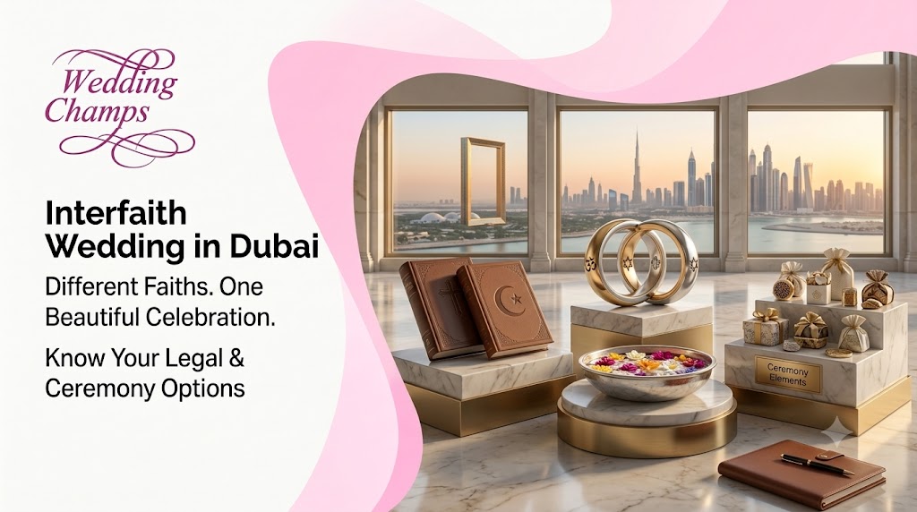 Interfaith wedding in Dubai guide banner: interlocking gold rings, a scripture and ceremony items before the Dubai skyline