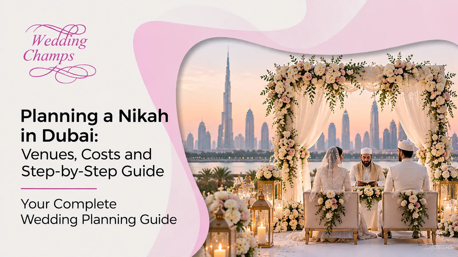 Planning a Nikah in Dubai banner showing an elegant hotel majlis set for an Islamic marriage ceremony with gold decor