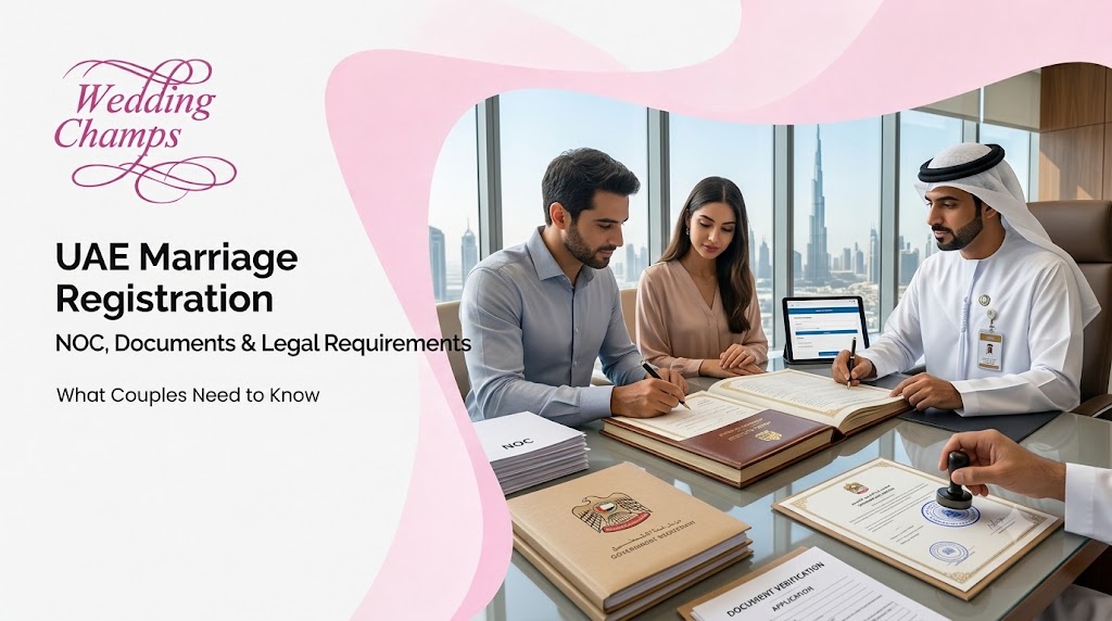 Couple reviewing UAE marriage registration documents