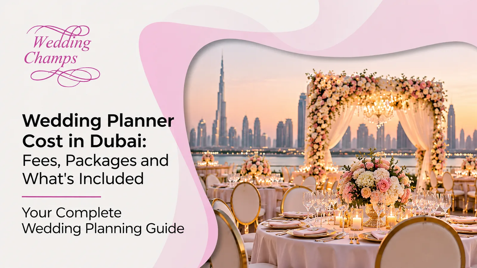 Wedding Planner Cost in Dubai banner showing a planner reviewing a wedding layout and budget with a couple