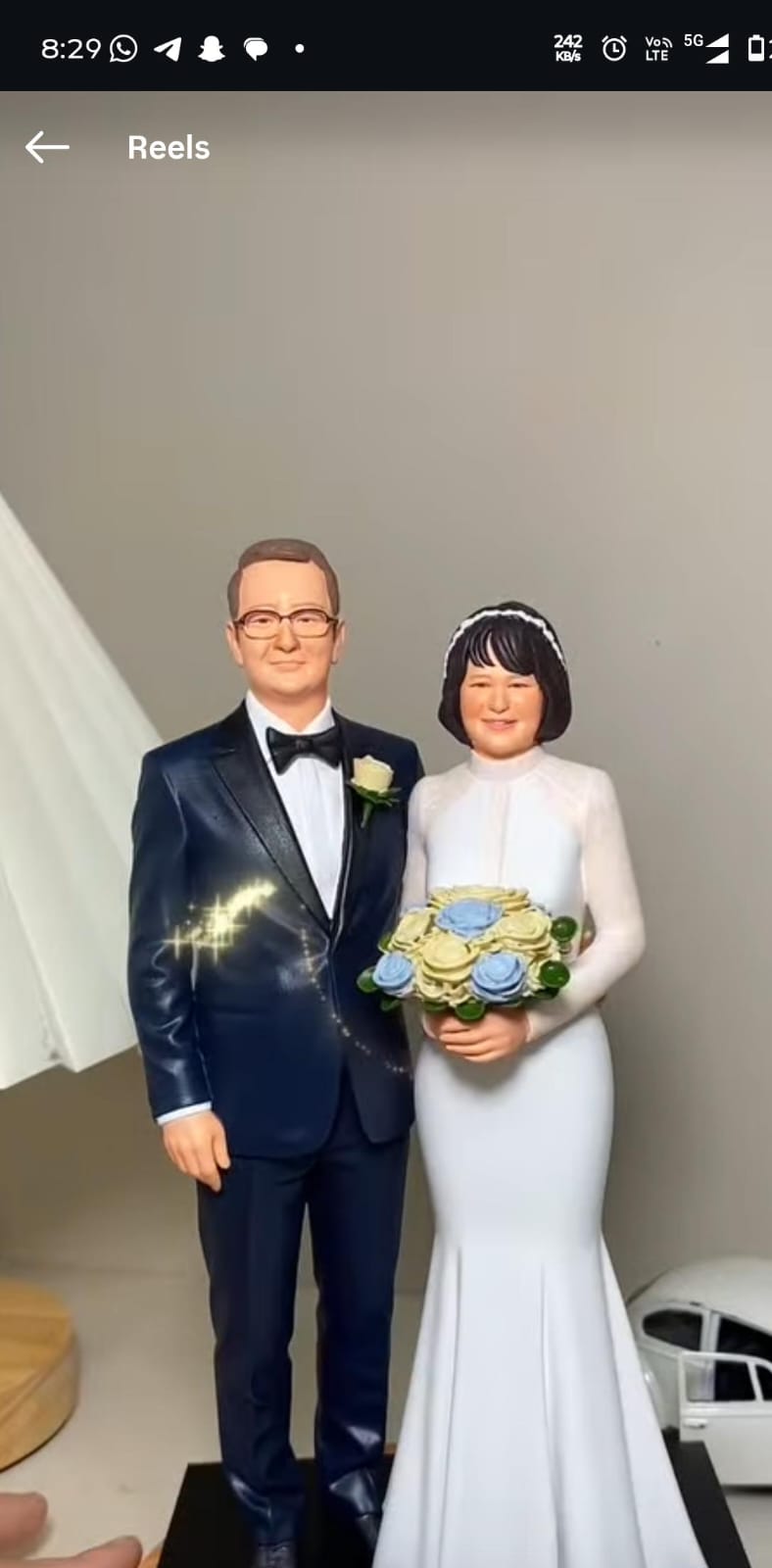 Personalised bride and groom miniature figurines in formal wedding outfits