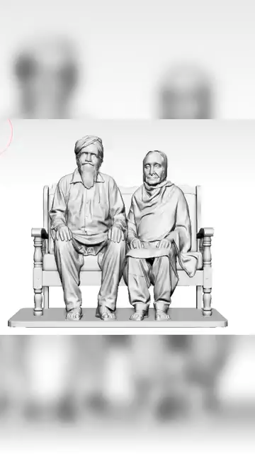 Digital design of a seated couple on a bench, shown in a grey preview.