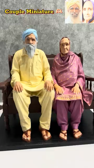 Seated couple figurine on a bench, wearing yellow and purple outfits, with reference portraits inset.